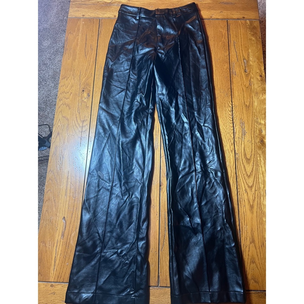 Black Faux Leather Wide Leg Pintuck Seam High Waisted Trousers Pants Size Small